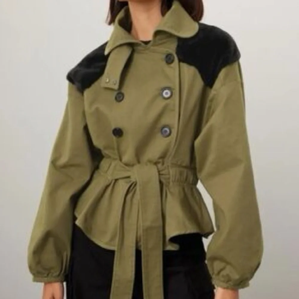 MARISSA WEBB Faux Fur Belted Coat Olive Green Utility Trench Jacket Size 6